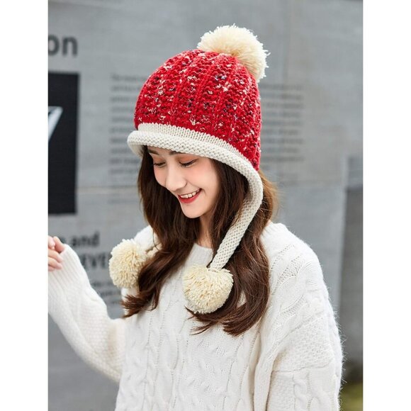 Women Red Beige Winter Peruvian Cover Ears Beanie Hat Ear Flaps Sherpa Ski Snow - Picture 5 of 9